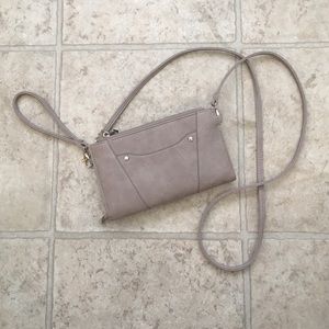 Small taupe/gray crossbody wristlet wallet clutch